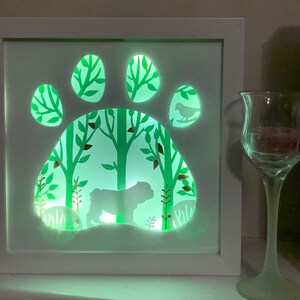 English Bulldog, Dog frame, paw print, Lightbox lighted shadowbox shadow box, light lamp, home wall decor, 8 x 8, great for a Memorial piece