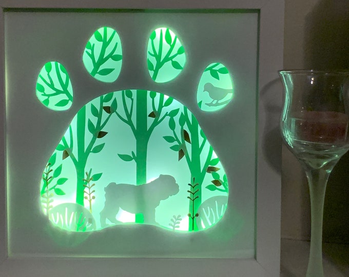 English Bulldog, Dog frame, paw print, Lightbox lighted shadowbox shadow box, light lamp, home wall decor, 8 x 8, great for a Memorial piece