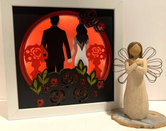 Wedding Couple, Black and Red Rose, Decorative Shadow Box, Shadowbox Frame, Unique Gift for Wedding Bride or Groom! Choose your Colors!