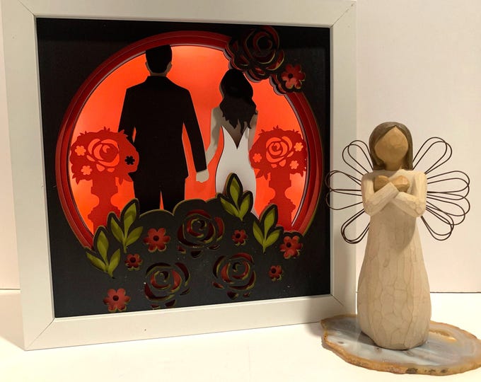 Wedding Couple, Black and Red Rose, Decorative Shadow Box, Shadowbox Frame, Unique Gift for Wedding Bride or Groom! Choose your Colors!