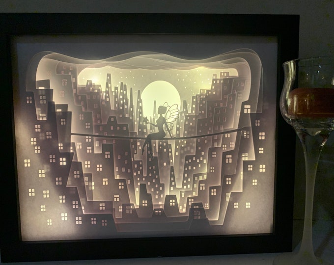 Peter Pan, Tinkerbell in the City, fairy in the city, Lightbox lighted shadow box frame , light lamp, bedroom decor, great for birthday gift