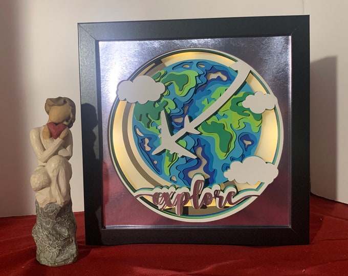 Lighted Globe, World Traveler,   Great Gift, Shadow box Frame, Birthday Gift, LED Lightbox, unique Shadowbox, Travel, Explore, Wanderlust!
