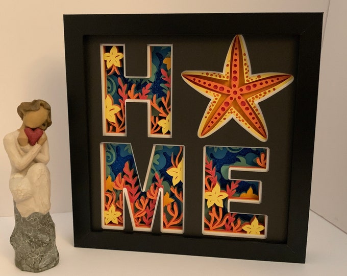 HOME frame, Starfish frame, Decorative Shadow Box Shadowbox Frame, decor. Great gift!  Beach life home decor, gift for wife girlfriend