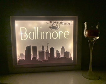 Baltimore Maryland Lightbox Shadow Box: City Skyline LED Wall Decor