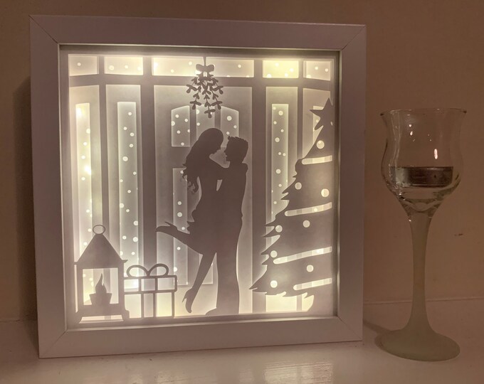 Couple Kissing under the Mistletoe, First Christmas decor, Christmas LED lamp, Christmas Shadow Box, Christmas gift, Christmas home decor