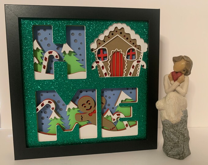 HOME frame, Gingerbread man decor, Christmas decor frame, Decorative Shadow Box Shadowbox Frame, decor. Great gift! Holiday gift decor