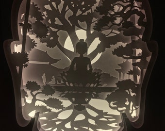 Buddha beleuchtete Schattenbox: Handgefertigte LED-Wandkunst