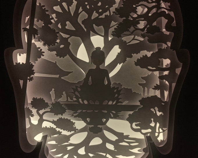 Buddha, Buddhism, Buddha statue picture, lighted shadow box, LED light lamp, wall art, Buddha decor sign, Unique gift or present