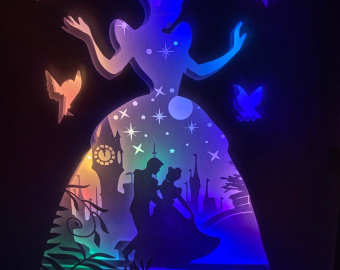 Cinderella lamp, Shadowbox Frame, Gift for little girls, Nursery decor, Bedroom Decor, Kid’s Room,  wall art, led light, Princess decor