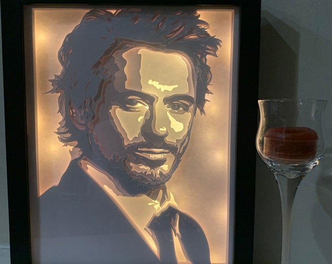 Robert Downey Jr, Ironman,  Marvel super hero, Lightbox lighted shadow box, light lamp, bedroom decor, 8 x 10, unique, great Gift!
