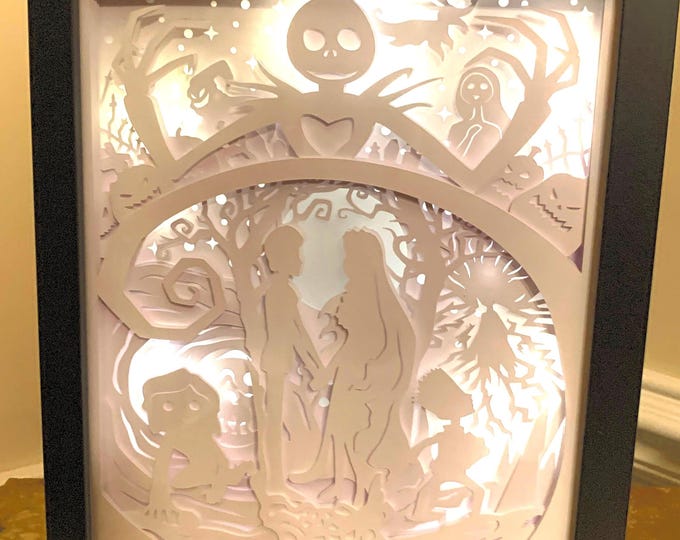 Nightmare before Christmas, Corpse bride, Jack Skellington, Coraline, Lightbox shadow box frame, light lamp, bedroom decor,  Jack & Sally