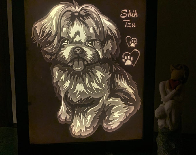 Shih Tzu gift, dog picture, Dog frame, paw print, Lightbox lighted shadow box, light lamp, wall decor, great for a Memorial piece