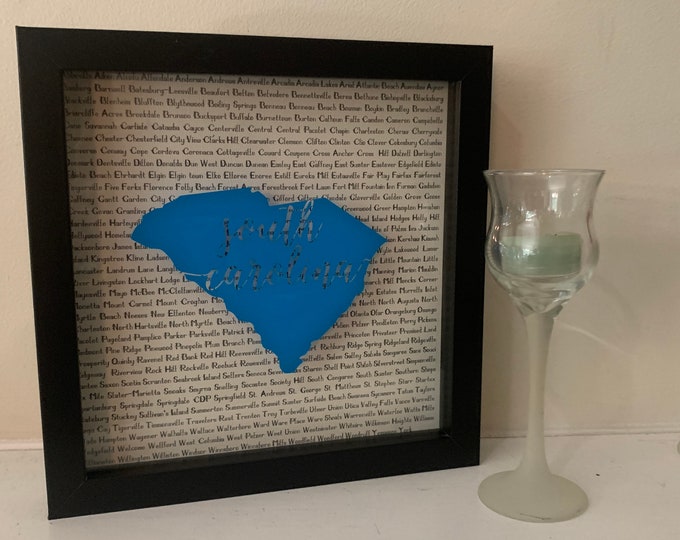 South Carolina pictured with all Cities in back, Choose YOUR state!!  Decorative Shadow Box Shadowbox Frame, home decor, or unique gift!