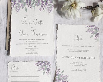 Purple| Chic Minimalistic Eucalyptus and Wisteria Floral  Wedding Invitation Set, Digital Template, Templett, Personalised Invitation, PDF