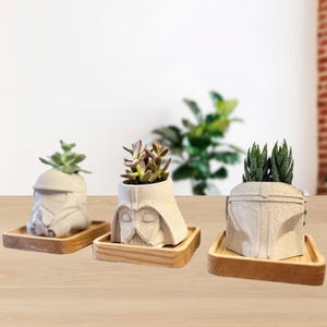 May include: Three concrete planters shaped like Star Wars characters: a Stormtrooper, Darth Vader, and Boba Fett. Each planter holds a succulent plant and sits on a small, square wooden tray. The planters are light gray, and the trays are a light brown.
