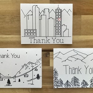 Colorado Thank You Cards 10 Pack, Denver Notecards, Skiing Greeting Cards, Colorado Illustration, Hand drawn, Cards, A2, Black and White