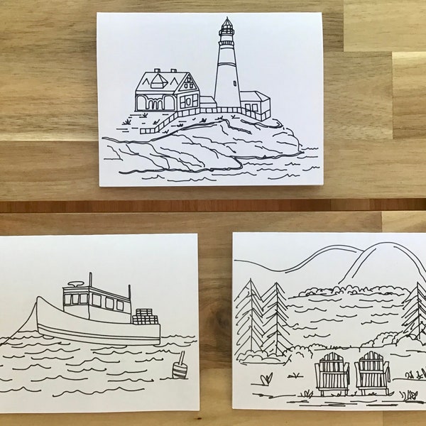 New England Notecards 10 Pack, Maine Coloring Cards, Cape Cod Drawing, Ocean Cards, Lighthouse Stationery, Massachusetts, East Coast Gift