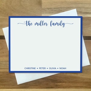 May include: White stationery card with a blue border. The card has the text "the miller family" in blue cursive script at the top and the names "CHRISTINE, PETER, OLIVIA, NOAH" in blue text at the bottom.