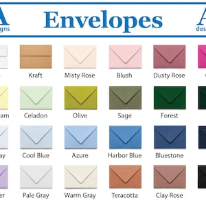 May include: A grid of twenty-four rectangular envelopes in various colors labeled with names including White, Kraft, Misty Rose, Blush, Dusty Rose, Cerise, Buttercream, Celadon, Olive, Sage, Forest, Pine, Cool Gray, Cool Blue, Azure, Harbor Blue, Bluestone, Slate, Lavender, Pale Gray, Warm Gray, Teracotta, Clay Rose, and Black, with the text A designs Envelopes at the top.