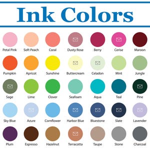 May include: A color chart titled Ink Colors by A designs, featuring a grid of 48 circular swatches in various hues. Each circle is labeled with its color name, such as Blush, Poppy, Forest, and Black. Some circles include a small envelope icon.