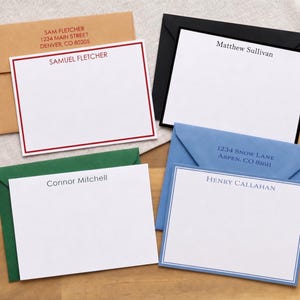 May include: Four sets of personalized stationery cards and matching envelopes. The cards feature names like Samuel Fletcher, Matthew Sullivan, Connor Mitchell, and Henry Callahan, with printed addresses on the envelopes in red, black, and blue ink.