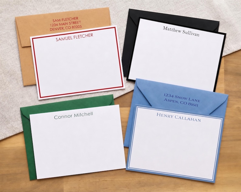 May include: Four sets of personalized stationery cards and matching envelopes. The cards feature names like Samuel Fletcher, Matthew Sullivan, Connor Mitchell, and Henry Callahan, with printed addresses on the envelopes in red, black, and blue ink.