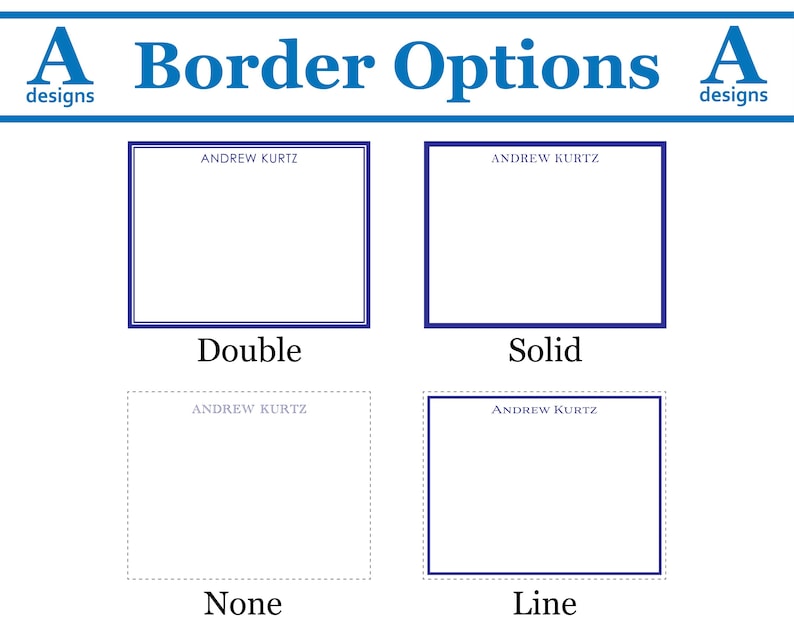 Design template for border options featuring four styles: double, solid, none, and line. Each option showcases a different blue border style around a rectangle with placeholder text. Ideal for business card or stationery customization.