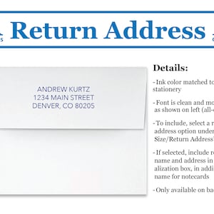 May include: A white envelope with a blue return address label. The label includes the text "ANDREW KURTZ, 1234 MAIN STREET, DENVER, CO 80205". The text "Details:" is written in blue on a white background. The text below "Details:" describes how to include a return address on the envelope.