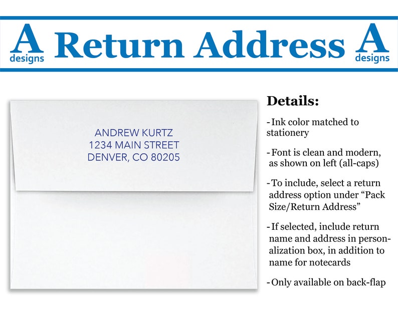 May include: A white envelope with a blue return address label. The label includes the text "ANDREW KURTZ, 1234 MAIN STREET, DENVER, CO 80205". The text "Details:" is written in blue on a white background. The text below "Details:" describes how to include a return address on the envelope.