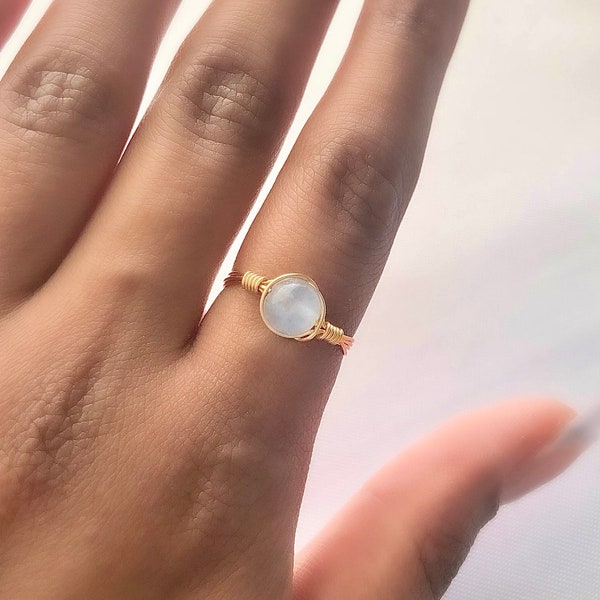 Aquamarine crystal bead ring, gold wire wrapped ring, blue gemstone ring, non tarnish hypoallergenic ring, dainty minimalist gift for her