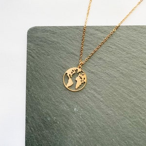 World map gold necklace, dainty earth pendant necklace, minimalist globe charm necklace, gift for her, travellers gift, non tarnish necklace