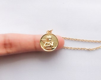 Gold guardian angel pendant necklace, dainty cupid charm necklace, minimalist baby cherub necklace, gift for her, hypoallergenic chain