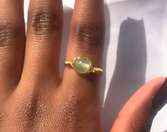 Jade crystal bead ring, gold wrapped wire ring, dainty green gemstone ring, non tarnish hypoallergenic ring, gift for her, minimalist rings