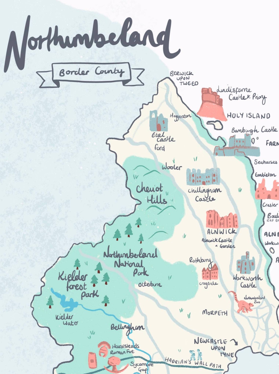 County of Northumberland Illustrated Map Northumbria Etsy UK