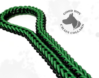 May include: A green and black braided dog chain collar. The chain is made of two strands of braided rope, one green and one black. The collar is designed for dogs and has the text "GOOD BOY CHAIN COLLARS" on a white background.