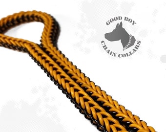 May include: A black and yellow braided chain dog collar. The collar is made of two strands of braided chain, one black and one yellow. The chain is woven together to create a unique and stylish look. The collar is labeled "Good Boy Chain Collars".
