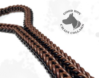 May include: A brown and black braided dog chain collar. The chain is made of two strands of braided cord, one brown and one black. The collar is labeled "GOOD BOY CHAIN COLLARS".