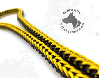 May include: A black and yellow braided dog collar with the text "GOOD BOY CHAIN COLLARS" in a circle.