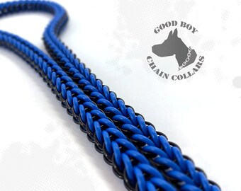 May include: A blue and black paracord chain collar. The collar is braided with two strands of paracord, one blue and one black. The collar is shown on a white background. The text "GOOD BOY CHAIN COLLARS" is visible in the background.