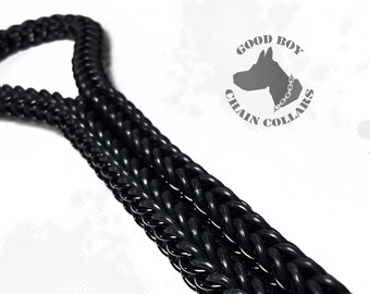 May include: Black braided chain dog collar with a loop handle. The chain is made of multiple strands of black braided rope. The collar is labeled "GOOD BOY CHAIN COLLARS".
