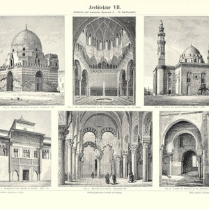 May include: A black and white illustration of various architectural styles from the 7th to the 14th centuries. The image includes a mosque, a mausoleum, a courtyard, and a doorway. The text in the image reads "Architektur VII. Arabische und maurische Baukunst (7. - 14. Jahrhundert)."