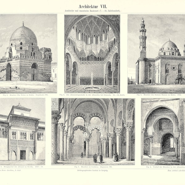 ARCHITEKTUR 7, Moorish architecture, chromolithography from Meyer's Konversatinslexikon of 1897, Digital Download