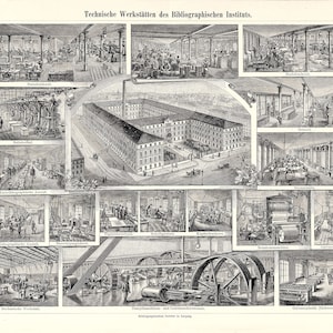 TECHNISCHE WERKSTÄTTEN, Bibliographisches Institut Leipzig, Chromolithografie aus Meyers Konversationslexikon von 1897, Digitaler Download
