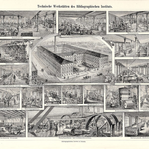 TECHNISCHE WERKSTÄTTEN, Bibliographisches Institut Leipzig, Chromolithografie aus Meyers Konversationslexikon von 1897, Digitaler Download