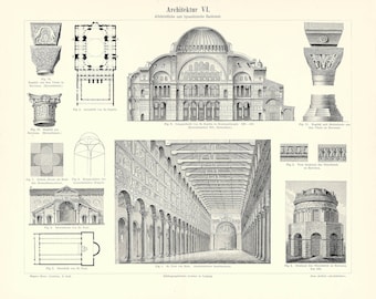 ARCHITECTURE 6, Byzantine Architecture, Chromolithography from Meyers Konversationslexikon von 1897, Digital Download