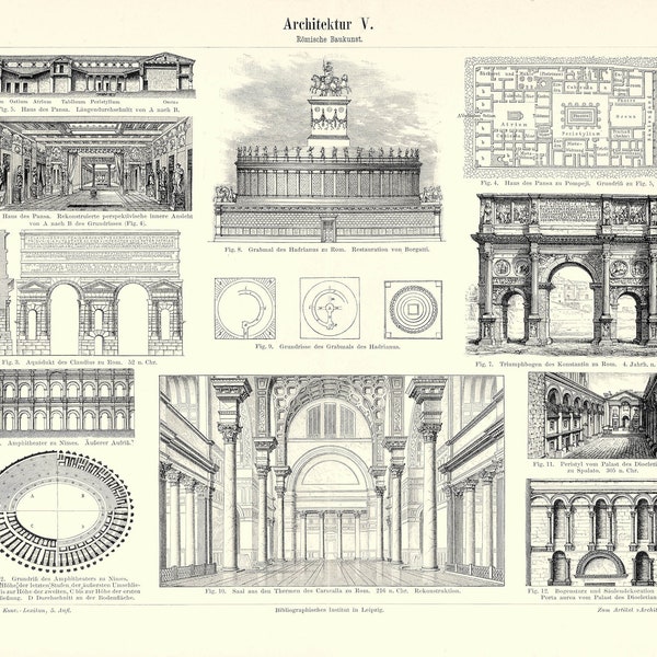 ARCHITEKTUR 5, Römische Baukunst, Chromolithografie aus Meyers Konversationslexikon von1897, Digitaler Download