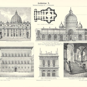Puede incluir: Una ilustración en blanco y negro de diseños arquitectónicos del Renacimiento. La imagen incluye la Basílica de San Pedro en Roma, el Palazzo Strozzi en Florencia, el Palacio Ducal en Venecia y el Palazzo Ducale en Génova. La imagen también incluye un plano de la Basílica de San Pedro.