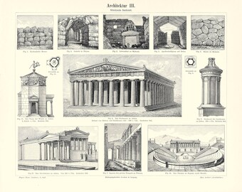 ARCHITEKTUR 3, Griechische Baukunst, Chromolithografie aus Meyers Konversationslexikon von 1897, Digitaler Download