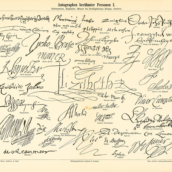AUTOGRAPHS OF FAMOUS PERSONS 1, Chromolithography from Meyers Konversationslexikon von 1897, Digital Download