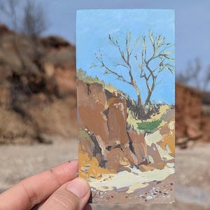 Dipinto di paesaggio in miniatura a guazzo, opera d'arte originale dipinta a mano, piccolo regalo d'arte da collezione.